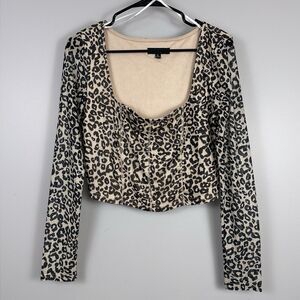Lulus Fierce Attraction Size XL Beige Cheetah Print Long Sleeve Crop Top Mesh